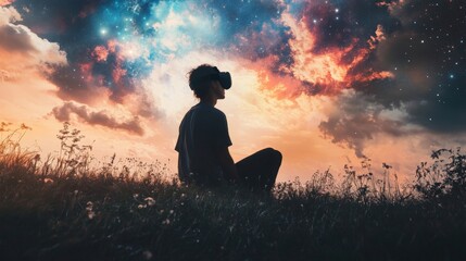A person wearing a VR headset sits in a field looking up at a colorful sky filled with stars.