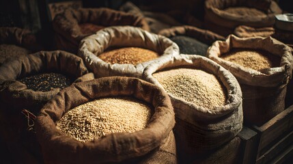 Obraz premium Close-up view of various sacks filled with different grains and seeds.