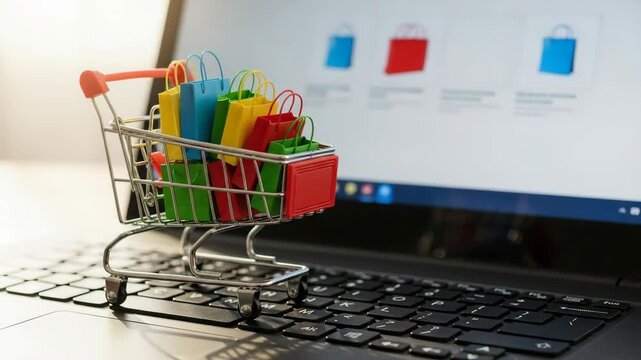 Shopping online and adding colorful purchases to cart in a laptop scene