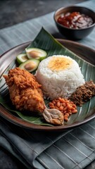 Savoring the flavors of Malaysia with a traditional nasi lemak dish featuring crispy fried chicken and spicy sambal