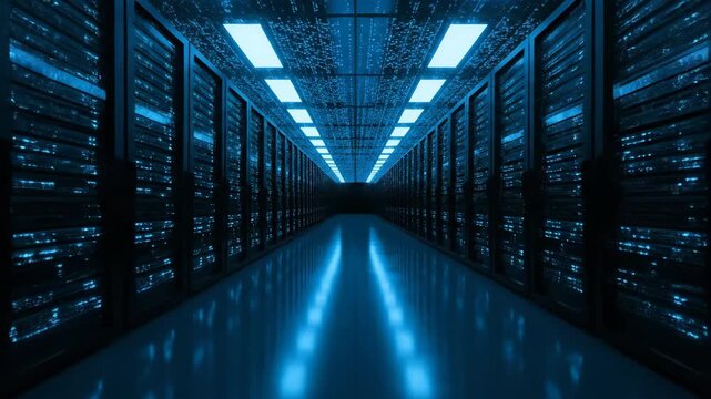Rows of server racks in a data center with glowing blue lights and digital network patterns.