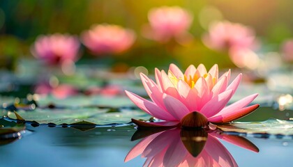 Close-up of pink water lilies blooming on a tranquil pond, soft focus in background © Rupo