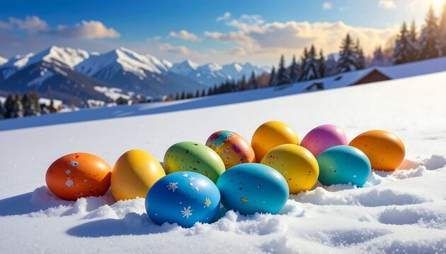 A vibrant cluster of colorful, decorated eggs nestled in fresh white snow against a backdrop of snow-capped mountains and a bright sky