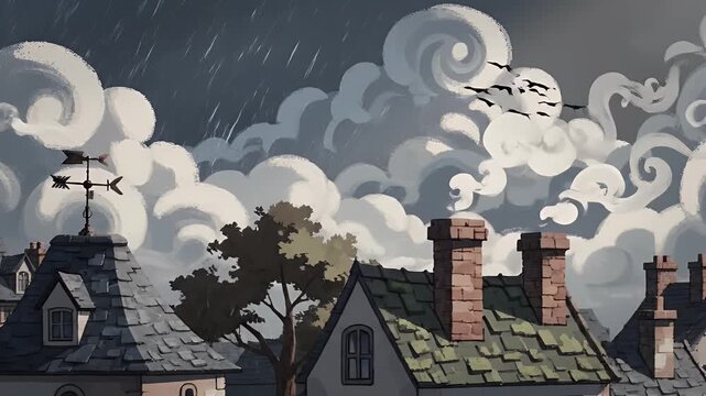European village rooftops with chimneys and weathervane under stylized clouds