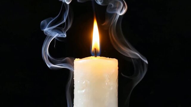 Burning candle flame with smoke on black background close-up