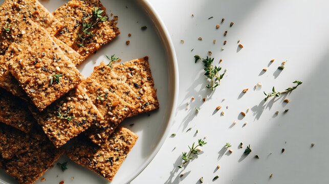 Close-up of delicious homemade crackers with herbs on a white plate.