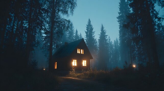 Enchanting Cabin Amidst a Misty Forest at Twilight - Serene Wilderness Scene.