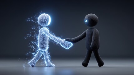 Two stylized humanoid figures - a glowing blue particle avatar and a matte black textured figure - shake hands in a dark, futuristic scene implying digital-physical connection.