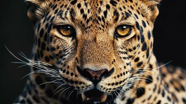 A detailed portrait of a leopard, staring intently at the viewer, showing its spots