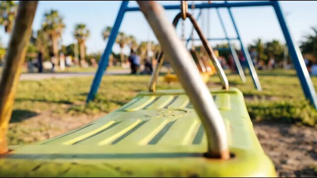 A yellow swing set in a playground setting, inviting a child to play