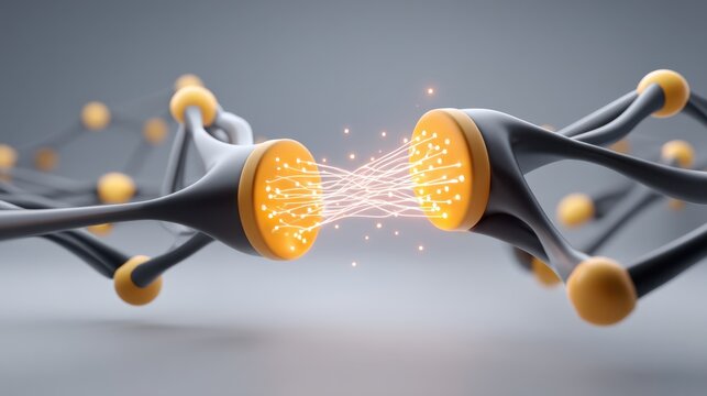 3D visualization of two neuron-like connectors exchanging glowing data strands across a synapse-like gap.