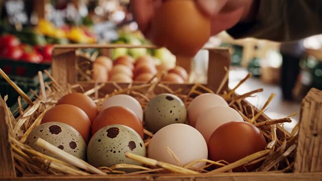 Fresh Farm Eggs in Wooden Crate with Straw at Market
