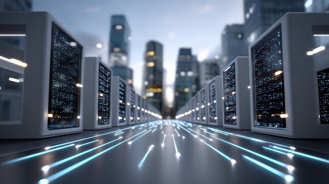 Futuristic datacenter aisle with illuminated server racks and glowing network lines leading toward a city skyline, representing high-performance computing and cloud infrastructure.