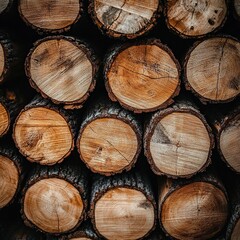Fototapeta premium Stacked Wooden Logs Close Up