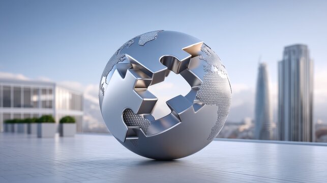Metallic globe sculpture with interlocking cutouts on a rooftop terrace, set against a modern city skyline - a symbol of global connectivity, innovation, and corporate design.