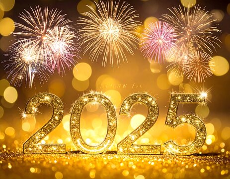 Golden year numerals glitter atop gold sparkle. Fireworks light up a celebratory bokeh background