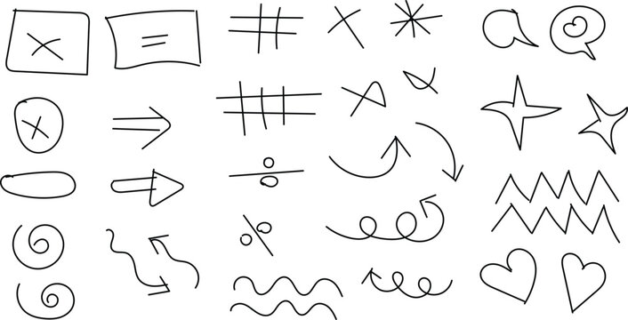 A collection of 25 hand drawn symbols and doodles