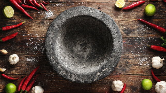 Mexican molcajete bowl sits on rustic wooden table surrounded by chili lime garlic and salt creating vibrant and traditional culinary atmosphere