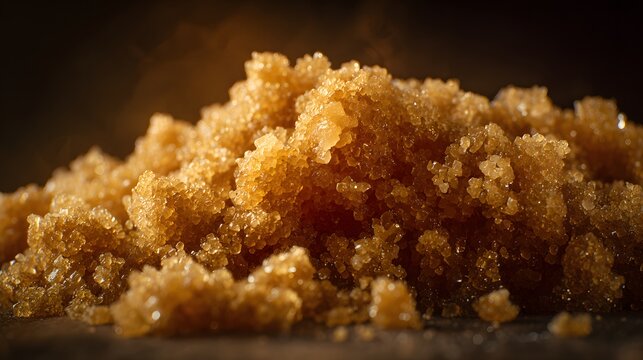 Close-up shot of golden brown sugar crystals, perfect for culinary use and sweetening.