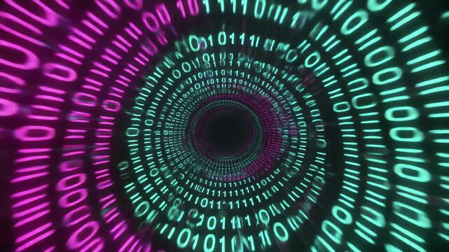 Futuristic neon binary code tunnel loop through digital data stream