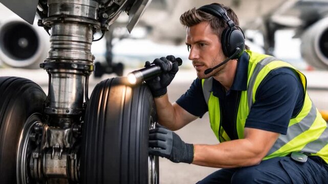 Airport worker mechanic inspecting landing gear.

