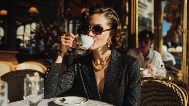 Stylish woman with sunglasses drinking coffee at an outdoor street cafe. Vintage fashion and luxury lifestyle concept