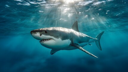 Fototapeta premium Magnificent Great White Shark Swimming Gracefully in the Deep Blue Ocean Waters.