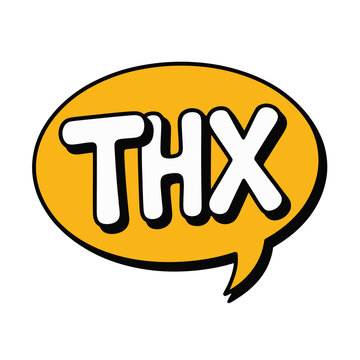 A cartoon speech bubble with the text THX in a playful, white font with a black outline on a yellow background.