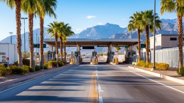 Border Checkpoint Crossing with Mountain Background and Palm Trees in Clear Blue Sky
