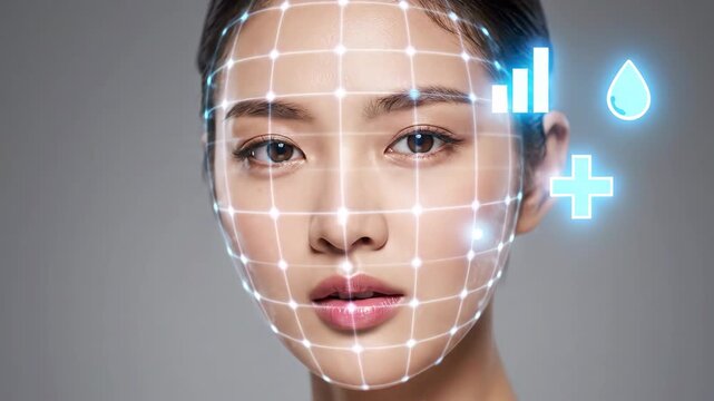 Futuristic face scan overlay shows skin analysis data and health icons on young woman.