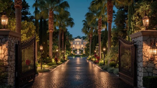 Luxurious mansion entrance with open gates and palm trees at night. Illuminated driveway leading to a grand estate