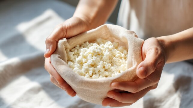 Hands Holding Cheesecloth with Freshly Strained Curds in Natural Light