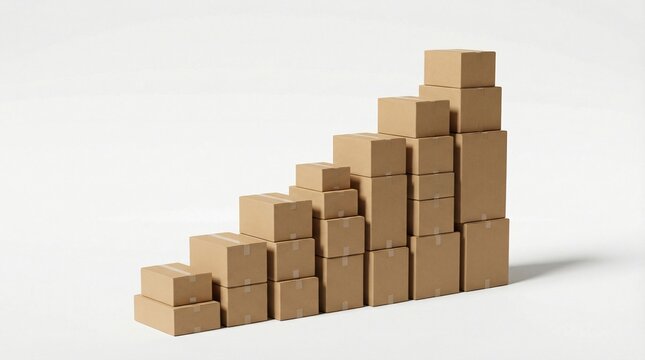 Stacked cardboard boxes arranged in a rising graph shape on a white background