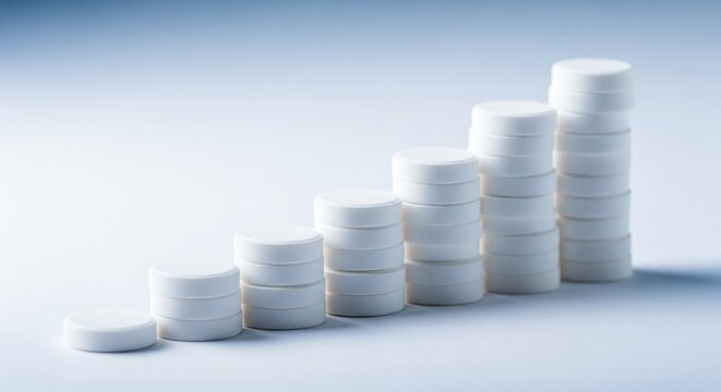 White round pills stacked in ascending columns on a gradient blue background