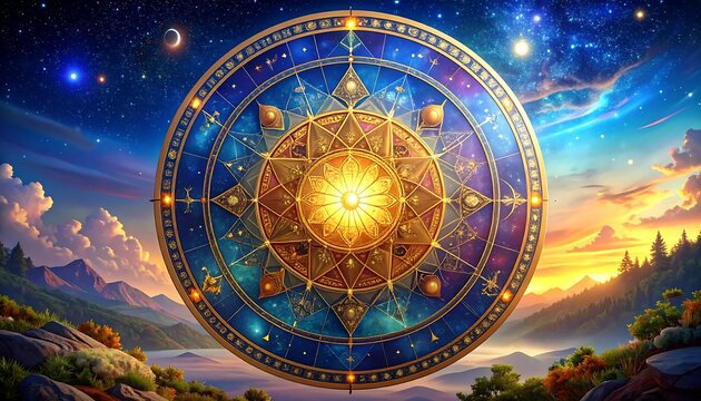 A vibrant cosmic mandala floats against a dusk sky over a mountain range. Celestial bodies embellish the design
