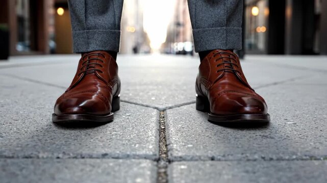 Feet paused at sidewalk split. A persons feet are stopped at a split in a paved sidewalk, one path diverging left and the other right.