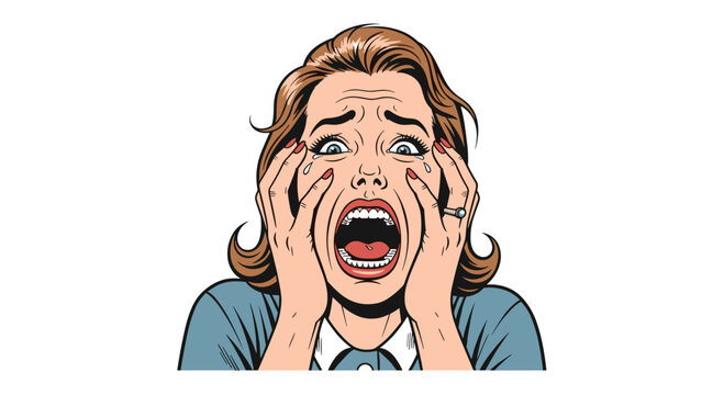 Vivid pop art illustration of a terrified woman screaming, her hands on her face, conveying intense fear, panic, and