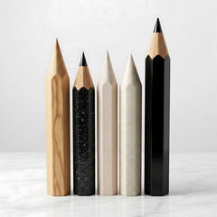 Minimalist collection of five oversized hexagonal pencils crafted from wood, stone, and polished black materials standing on a white marble surface. Generative AI.