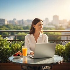 Young woman with dark hair in a white shirt working on a laptop at a sunny balcony table with orange juice, a croissant, and fresh berries. Generative AI.