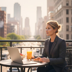 Naklejka premium Professional young woman in a grey suit sitting on an urban balcony with a laptop, orange juice, and a croissant against a city skyline. Generative AI.