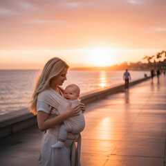 Young woman with blonde hair carrying her smiling infant in a beige fabric wrap while walking along a coastal boardwalk at golden hour sunset. Generative AI.