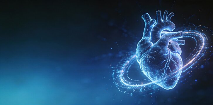 Digital Holographic Heart on Dark Blue Background, conveying medical innovation, cardiovascular health,Ideal for healthcare branding, medical tech campaigns, or heart health awareness materials.
