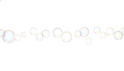 Transparent iridescent bubbles float gracefully in a horizontal line against a clean white background featuring soft pastel reflections. Generative AI