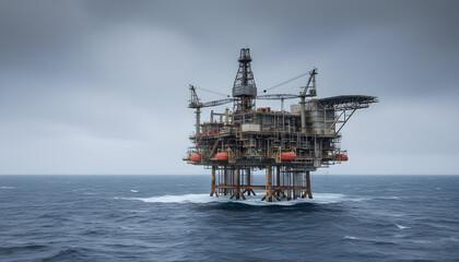 Large offshore oil rig platform standing in the middle of a vast, choppy blue ocean under a heavy, overcast grey sky with low-hanging clouds. Generative AI.