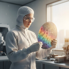 An adult woman in a white cleanroom suit and protective eyewear inspects a shimmering silicon wafer inside a high-tech laboratory facility. Generative AI