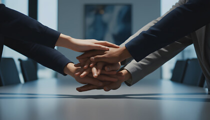 A diverse group of professional adults stack their hands together over a desk in a gesture of unity and teamwork within an office. Generative AI
