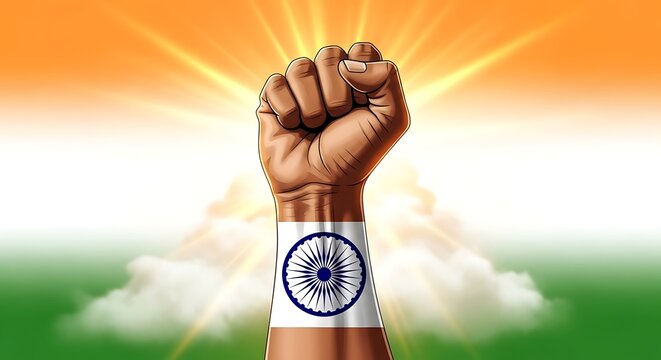 Indian independence day celebration with raised fist and national flag