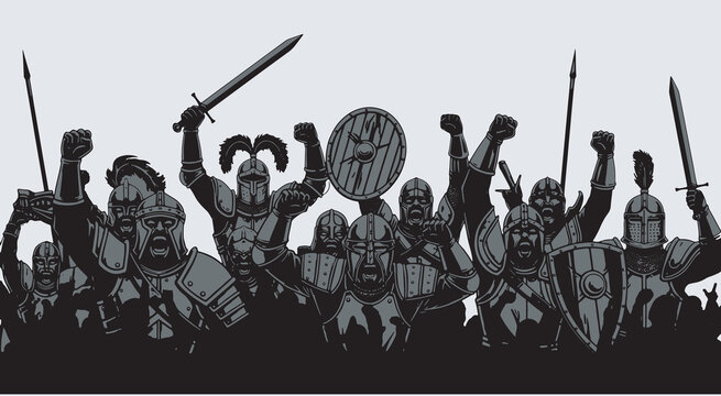 A group of medieval warriors in armor raising their swords and shields in a triumphant battle cry.