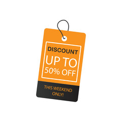 Modern orange and black sale tag - discount up to 50% off this weekend only