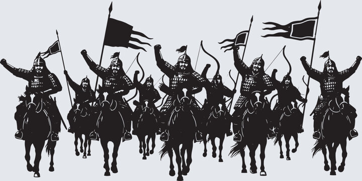 A group of medieval warriors on horseback, armed with bows and arrows, charging forward with flags raised high.